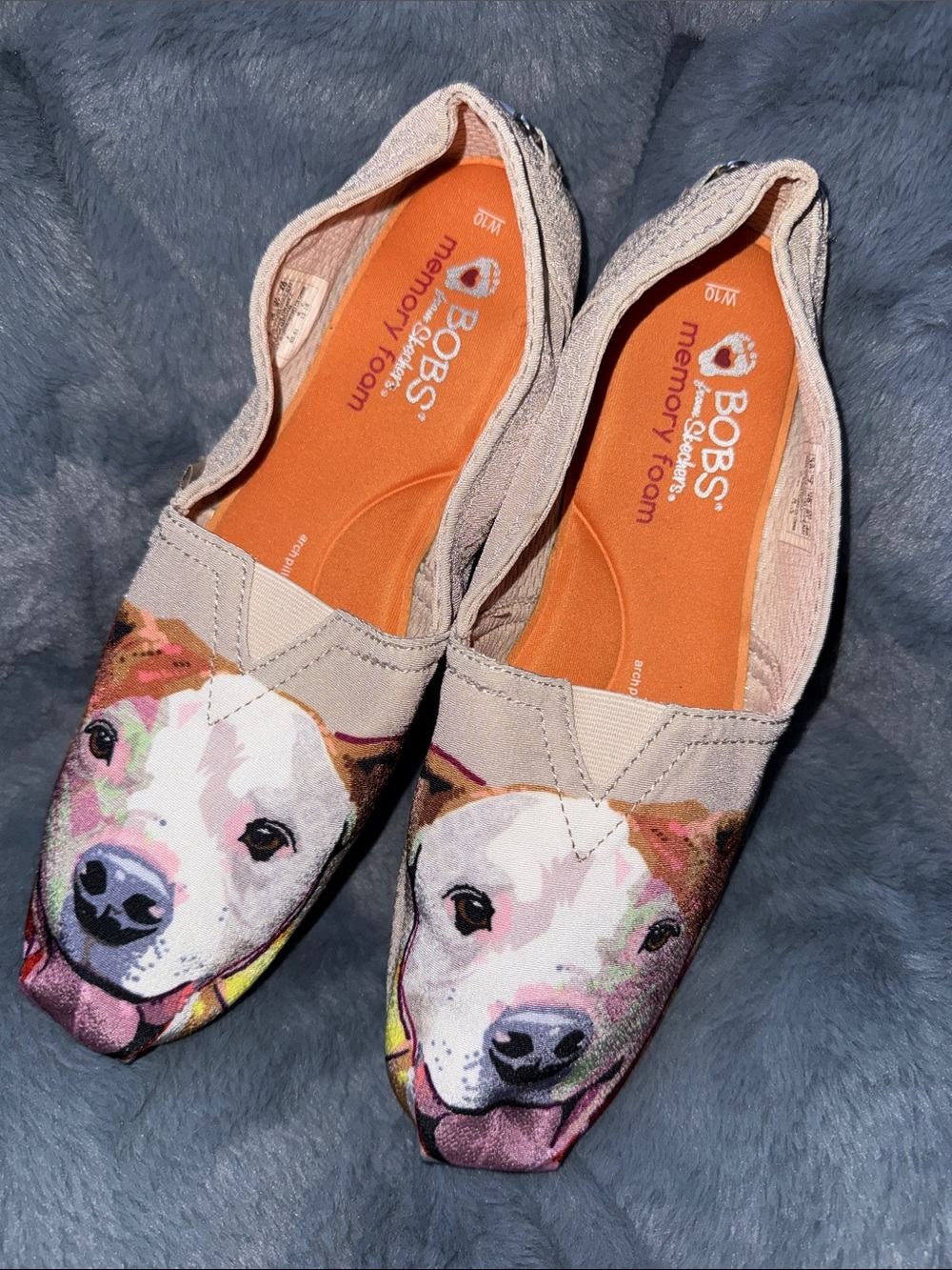 Skechers BOBS Beige Slip-On Flats with Colorful Dog Art W10